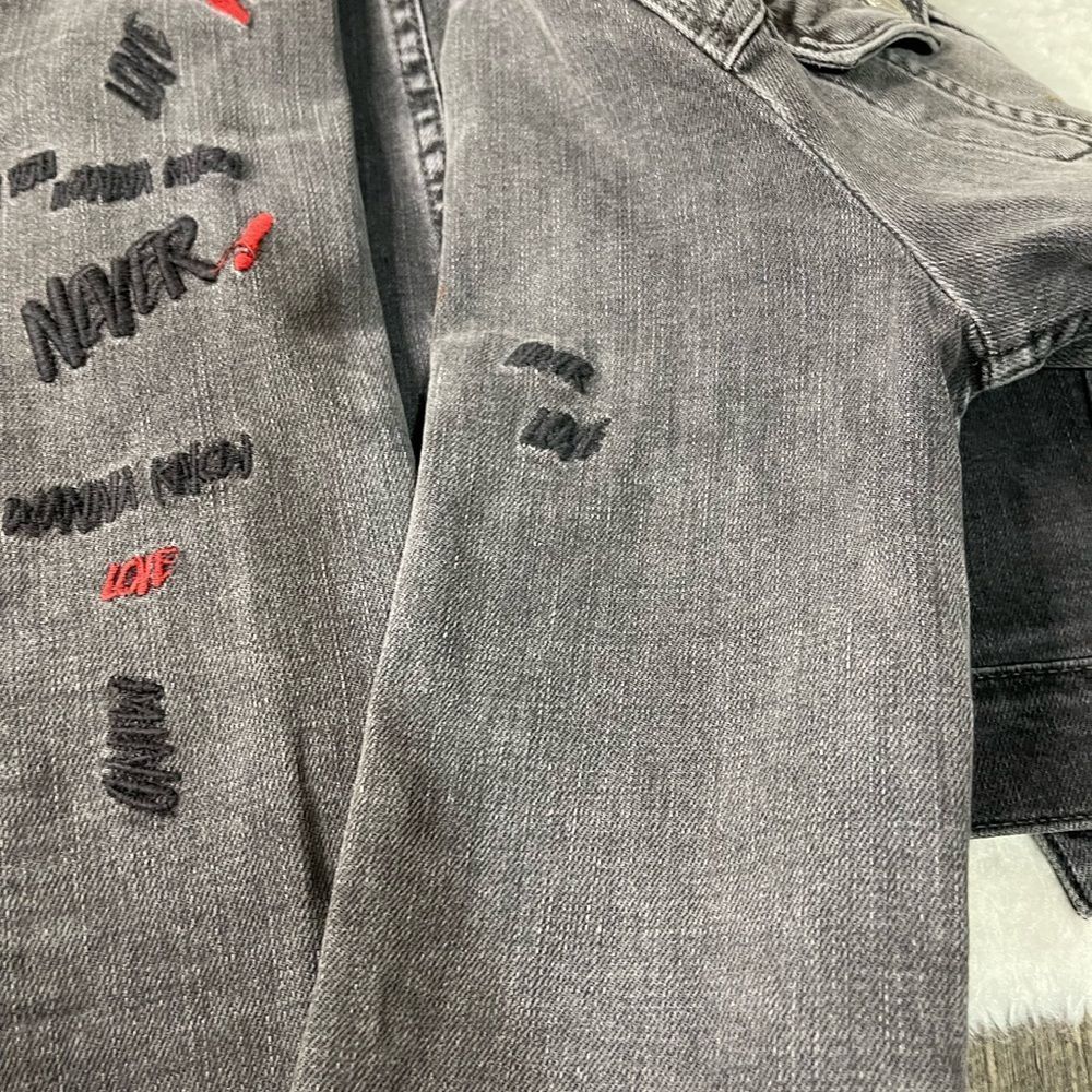 Zara Awesome What You Wanna Know Graphic Embroidered Black Denim Jacket - Picture 9 of 9